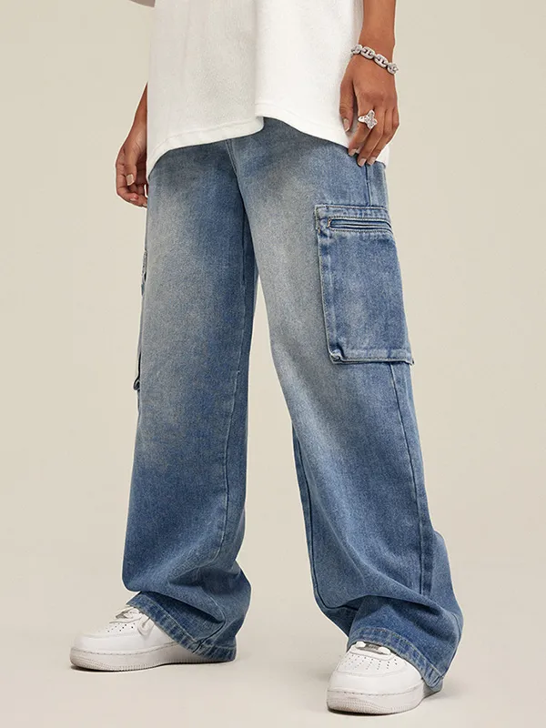 Jeans sueltos lavados de marca de moda americana recta para hombres