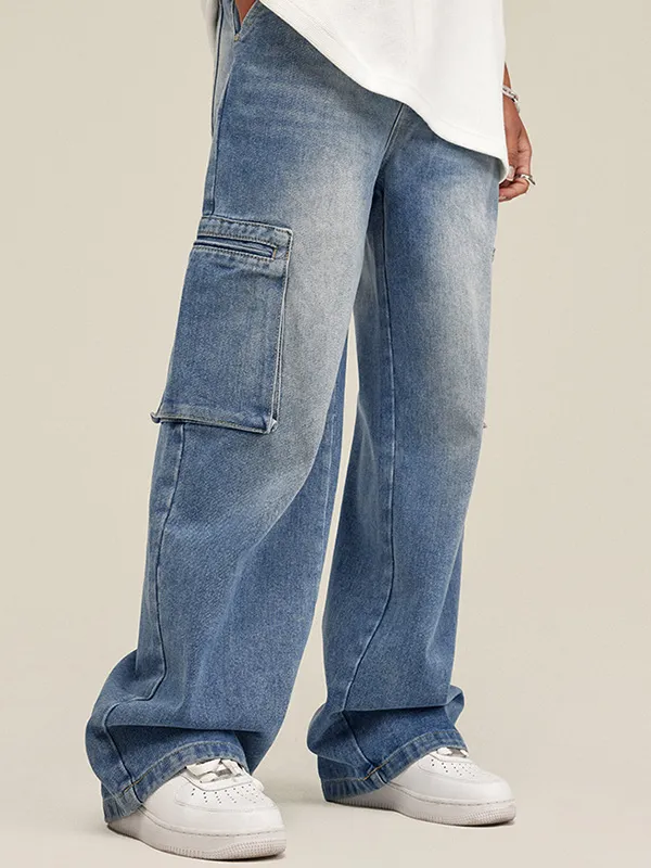 Jeans sueltos lavados de marca de moda americana recta para hombres