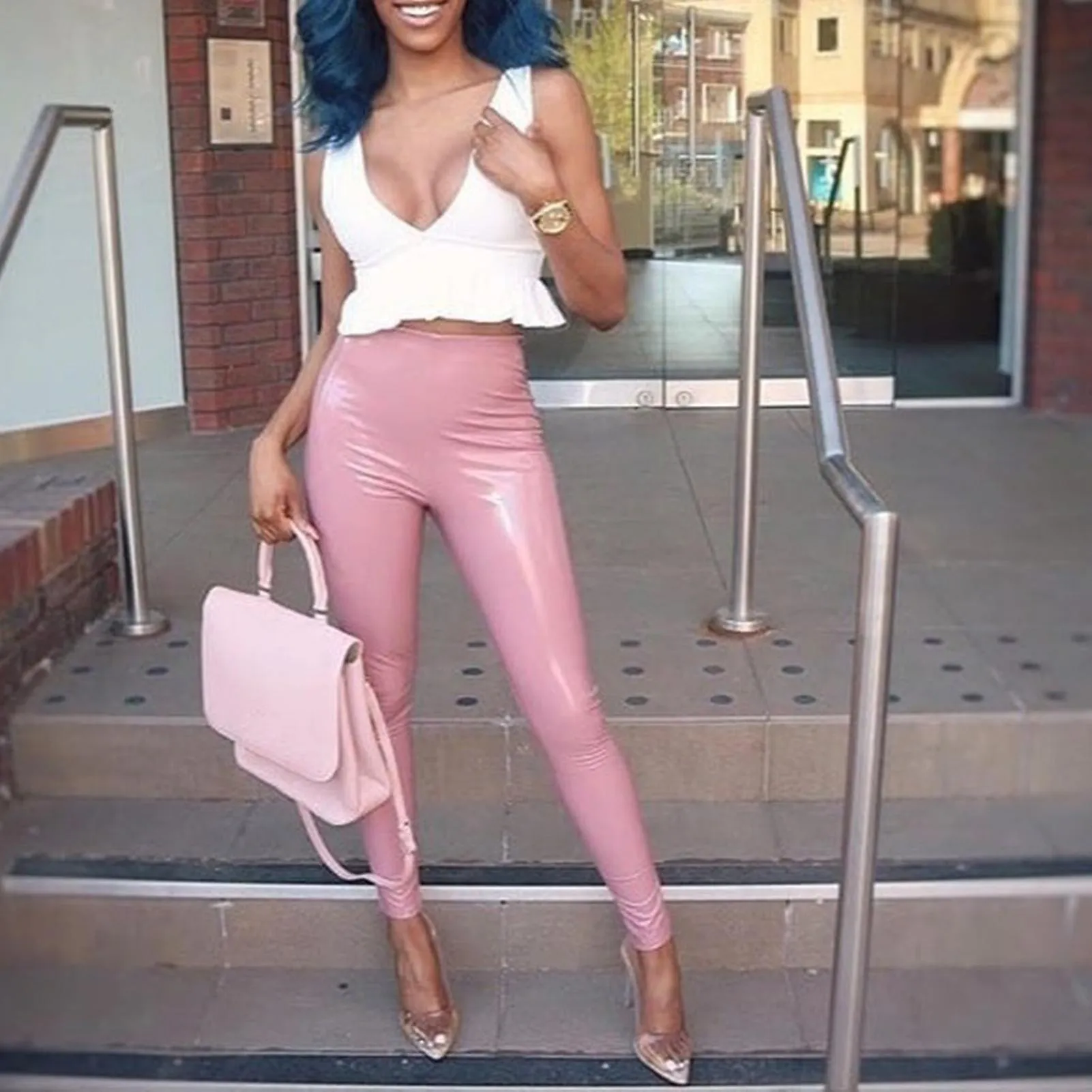 Leggings de cuero de cintura alta Solid Bright Color Ankle Length Pu Leggings para otoño primavera invierno