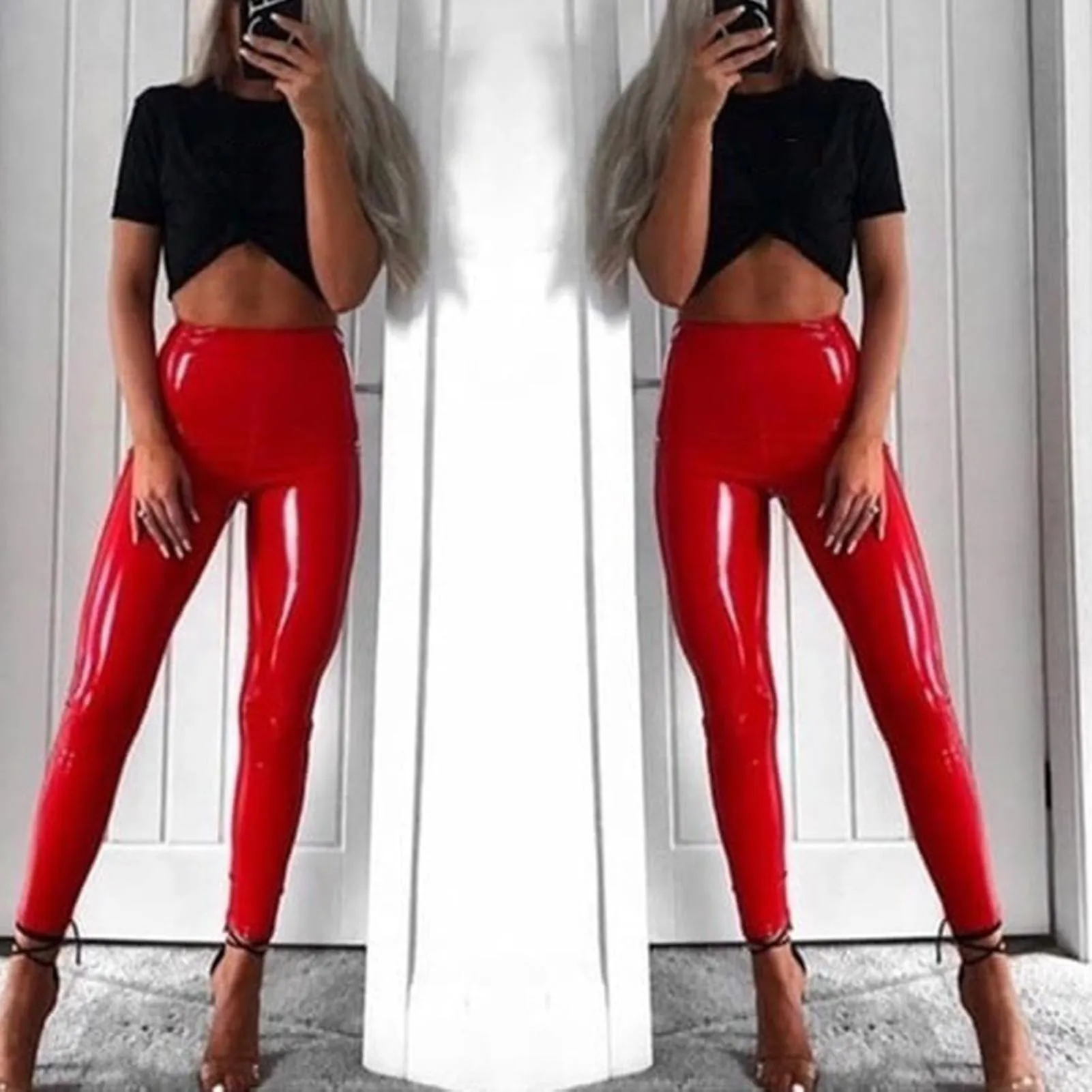 Leggings de cuero de cintura alta Solid Bright Color Ankle Length Pu Leggings para otoño primavera invierno