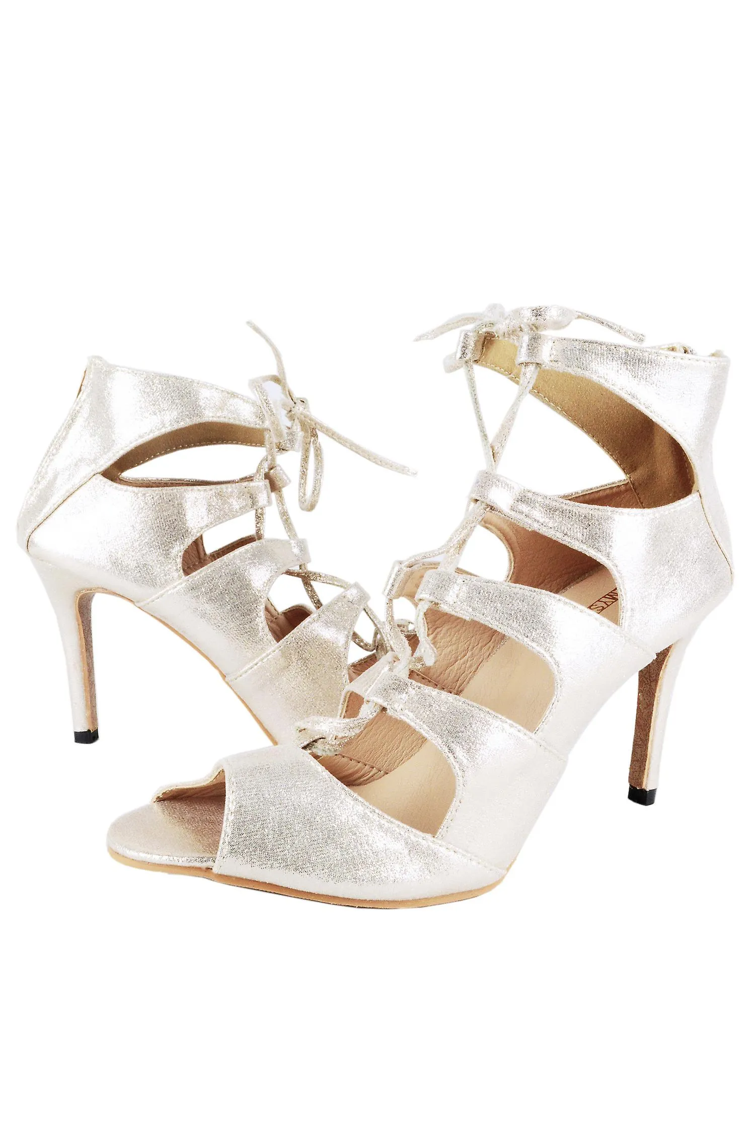 Lovemystyle metálico desnudo encaje de tacón alto sandalias de enjaulado