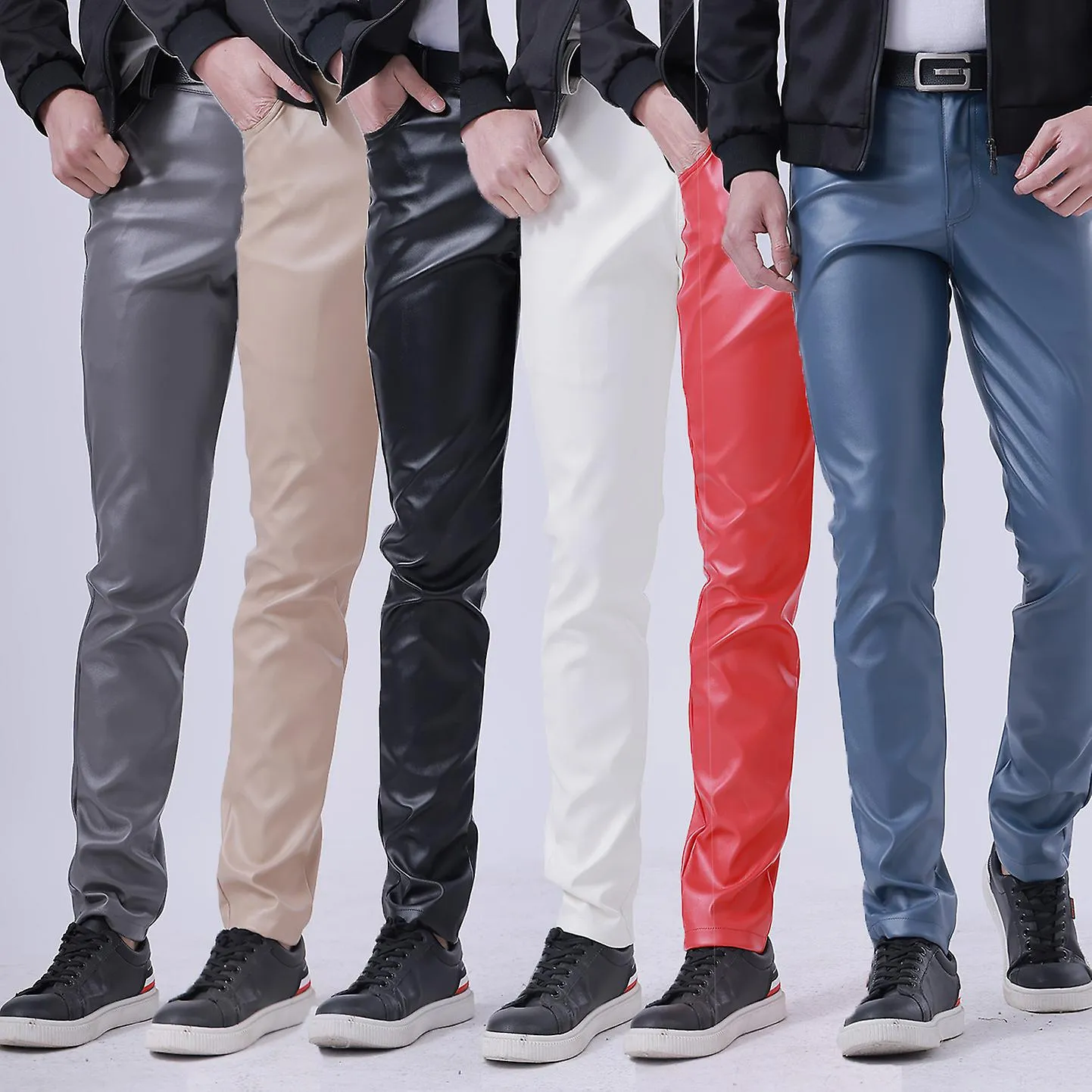Marca profesional Otoño Hombres Pantalones de cuero Skinny Fit Estilo elástico Pu Pantalones de cuero Pantalones de motocicleta 