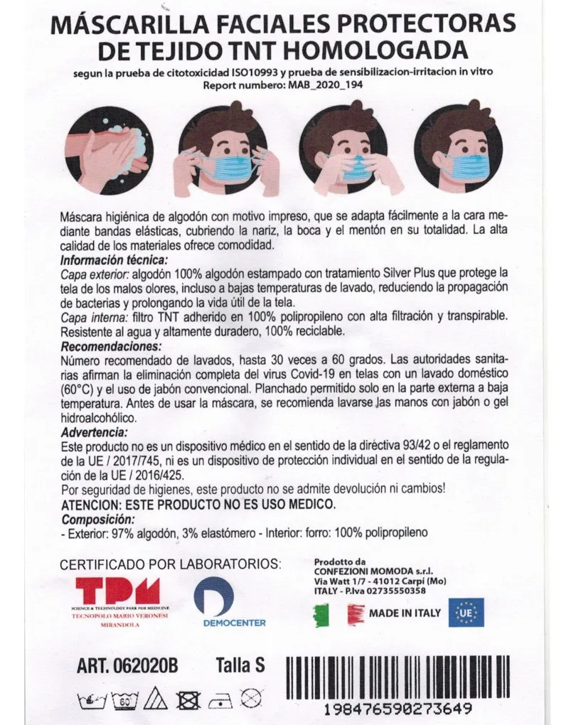 MASCARILLAS HIGIENICAS HOMOLOGADAS PARA TRAJES DE HOMBRE