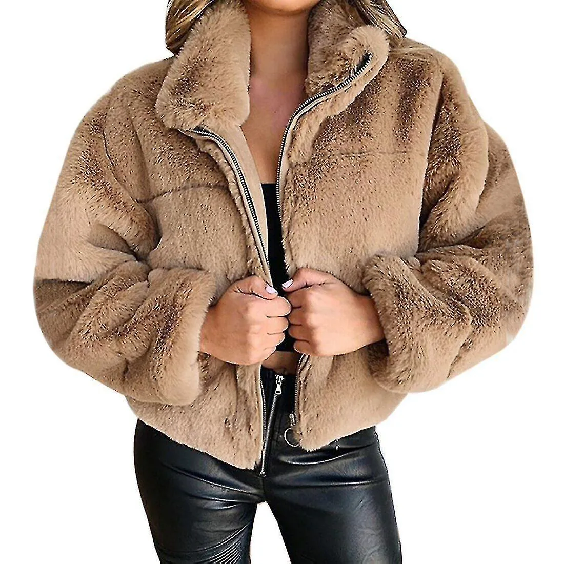 Mujer Otoño E Invierno Conejo Piel Faux Fur Cremallera Cardigan Felpa Chaqueta Cálida