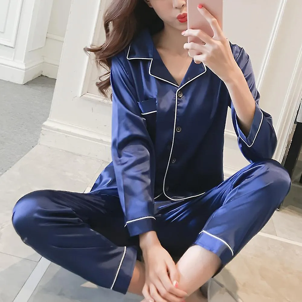 Mujeres Satin Seda Look Sleepwear Pijamas Manga Larga Juego de Ropa de Noche