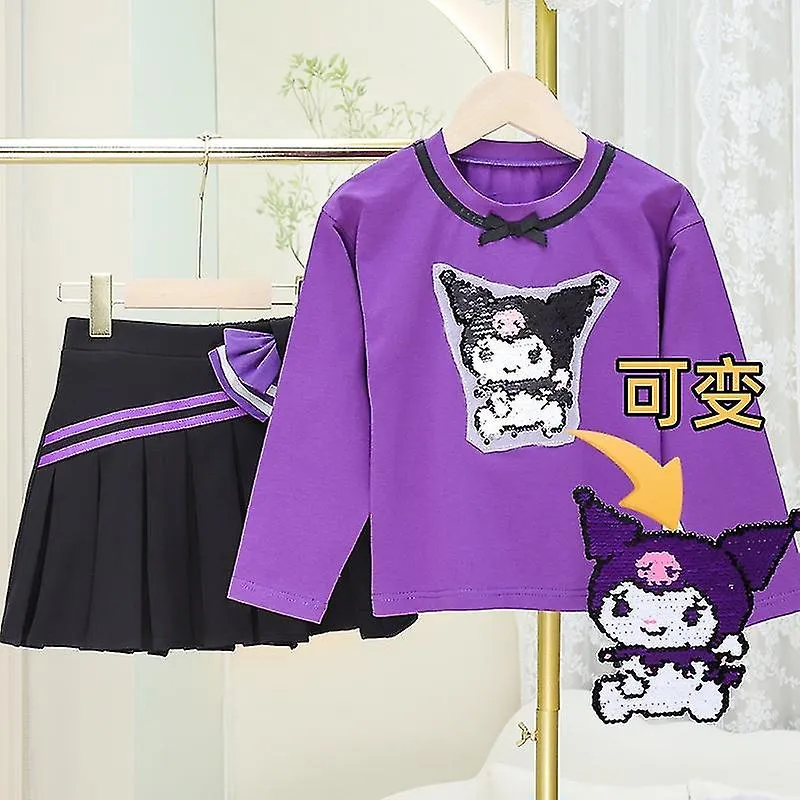 Otwoo Kawaii Sanrios Kuromi Primavera Y Otoño Niña Camiseta De Manga Larga Falda Plisada Conjunto De Traje De Dos Piezas Lindo D