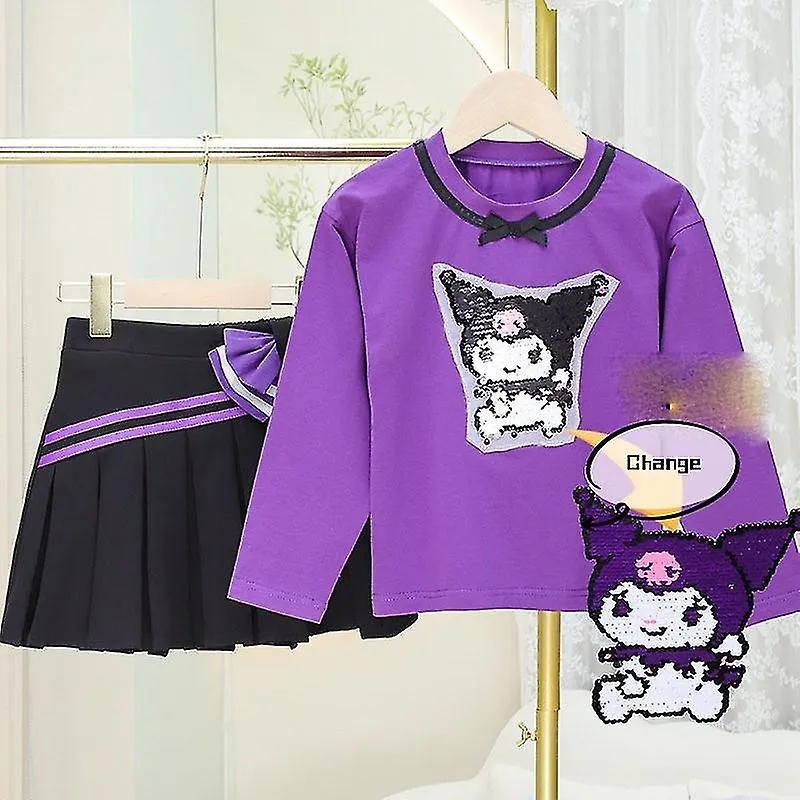 Otwoo Kawaii Sanrios Kuromi Primavera Y Otoño Niña Camiseta De Manga Larga Falda Plisada Conjunto De Traje De Dos Piezas Lindo D