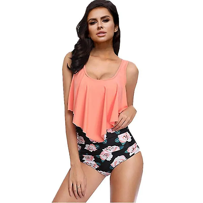Otwoo Swimwear Ruffles Trajes de mujer Conjuntos de dos piezas Ropa de playa impresa Cintura alta Bikini Set Bottoms Push Up Tan