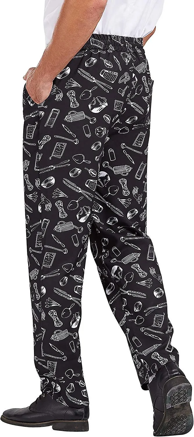 Pantalones de chef holgados para hombres, pantalones de trabajo impresos con cintura elástica cocina de restaurante
