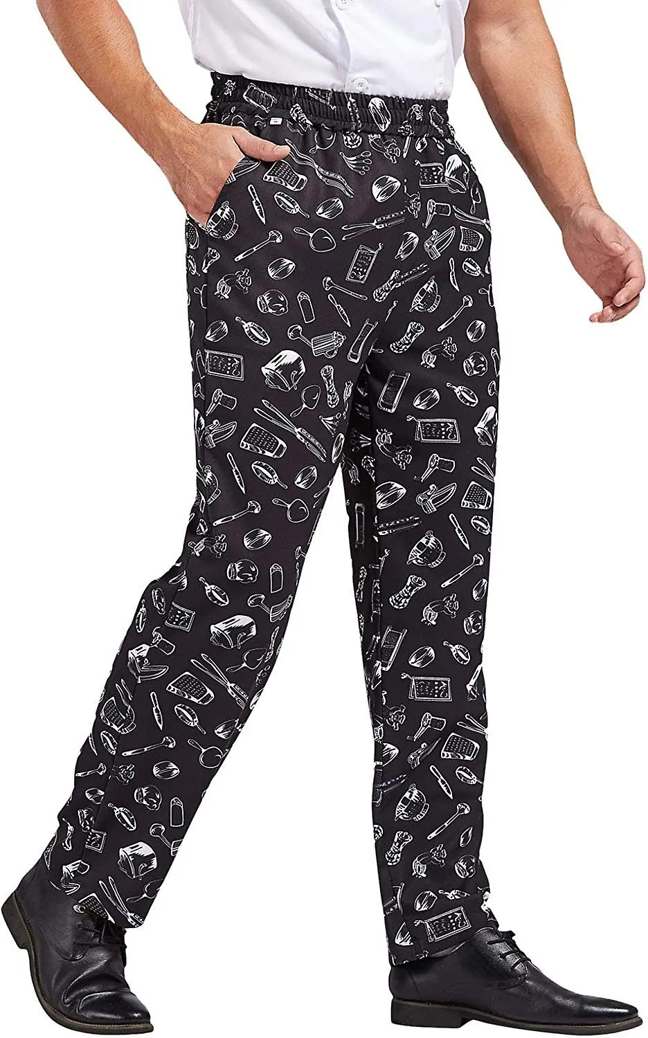 Pantalones de chef holgados para hombres, pantalones de trabajo impresos con cintura elástica cocina de restaurante