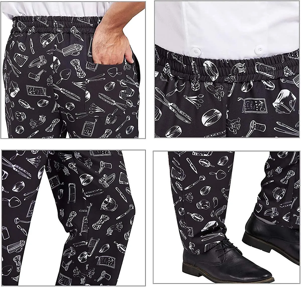 Pantalones de chef holgados para hombres, pantalones de trabajo impresos con cintura elástica cocina de restaurante