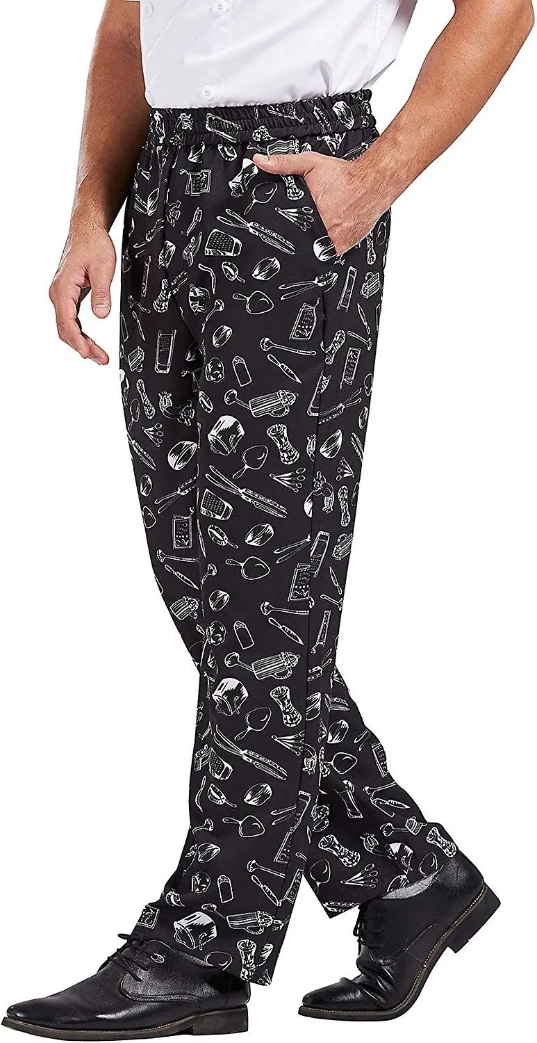 Pantalones de chef holgados para hombres, pantalones de trabajo impresos con cintura elástica cocina de restaurante