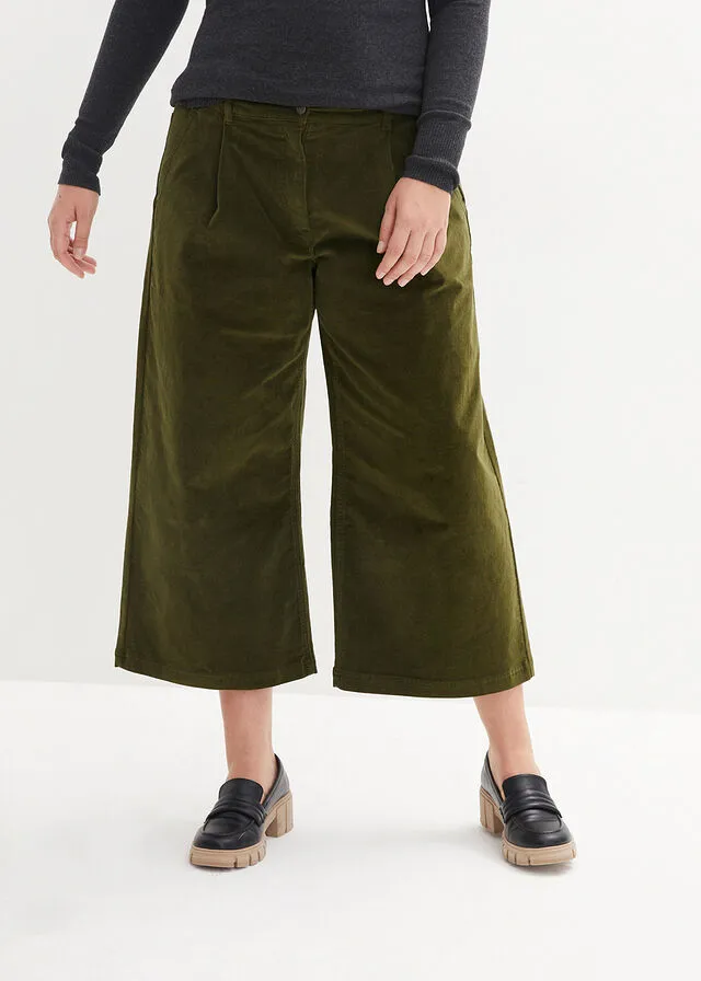 Pantalón ancho de pana elástica con cintura cómoda high waist, largo 7/8 Marrón café