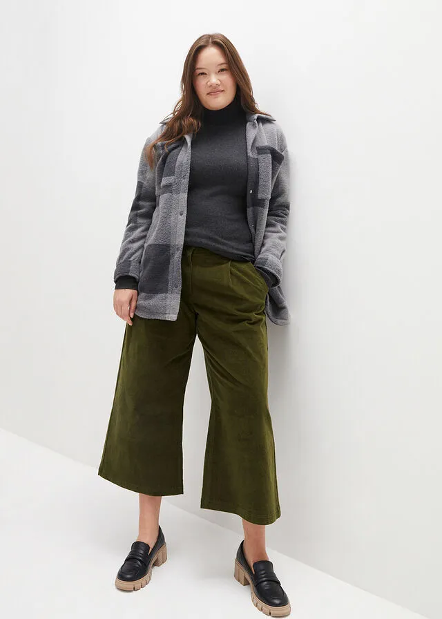 Pantalón ancho de pana elástica con cintura cómoda high waist, largo 7/8 Marrón café