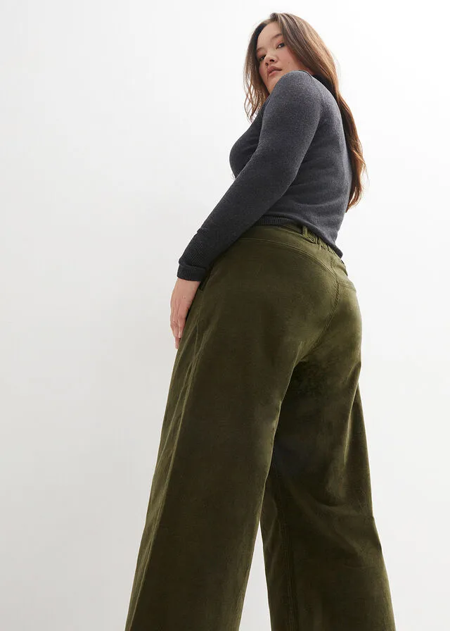 Pantalón ancho de pana elástica con cintura cómoda high waist, largo 7/8 Marrón café