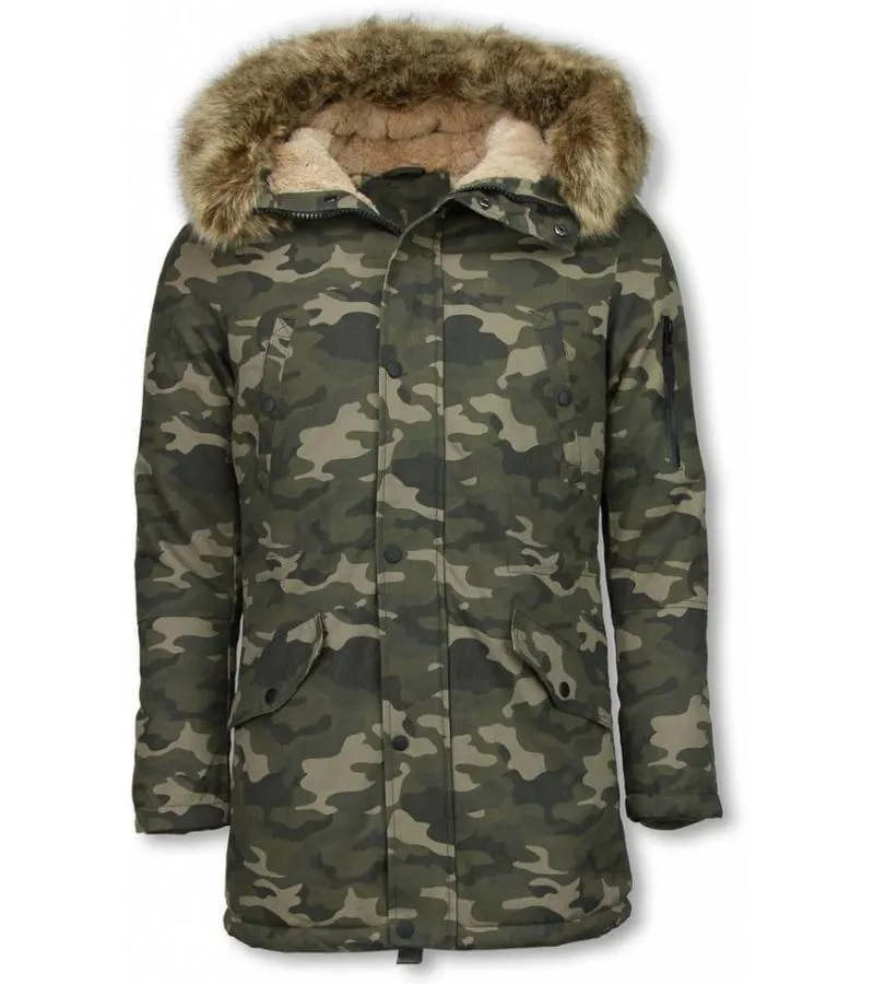 PARKAS HOMBRE  ABRIGO DE INVIERNO PARA HOMBRES  CAPUCHA PELO FALSA  CAMUFLAJE  VERDE