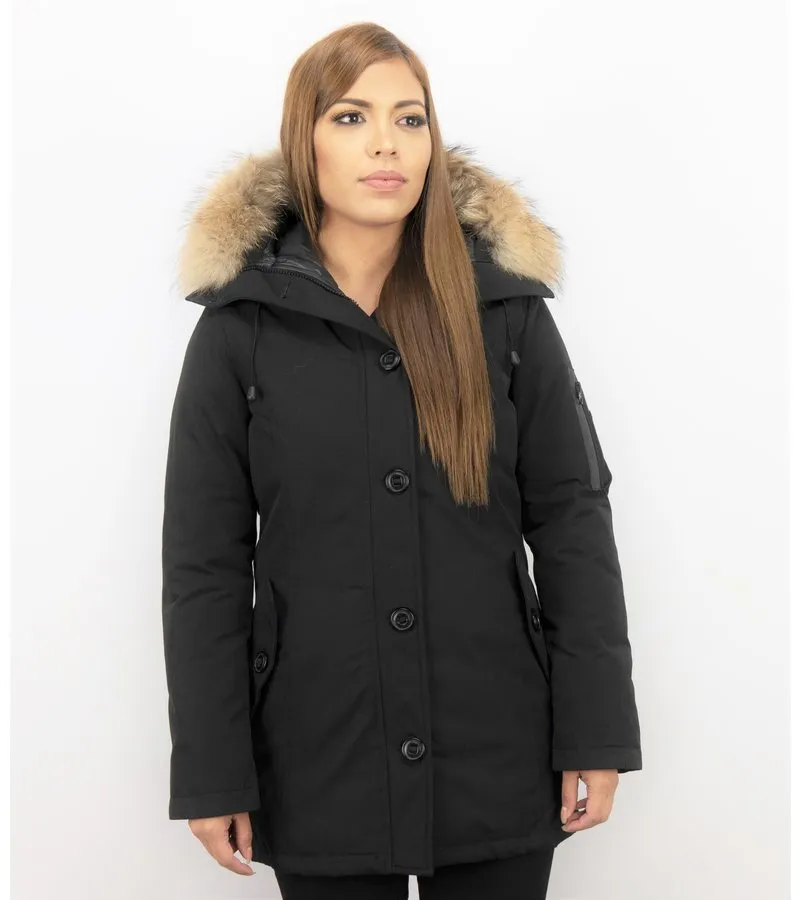 PARKAS MUJER  SEñORA ABRIGOS DE INVIERNO LARGOS  CAPUCHA PELO GRANDE  NEGRO