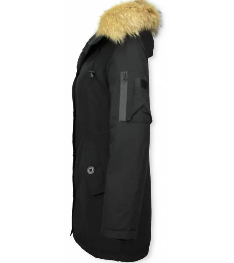 PARKAS MUJER  SEñORA ABRIGOS DE INVIERNO LARGOS  CAPUCHA PELO GRANDE  NEGRO