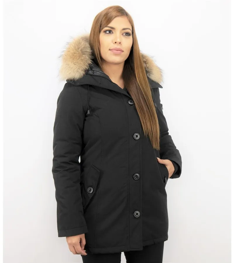 PARKAS MUJER  SEñORA ABRIGOS DE INVIERNO LARGOS  CAPUCHA PELO GRANDE  NEGRO