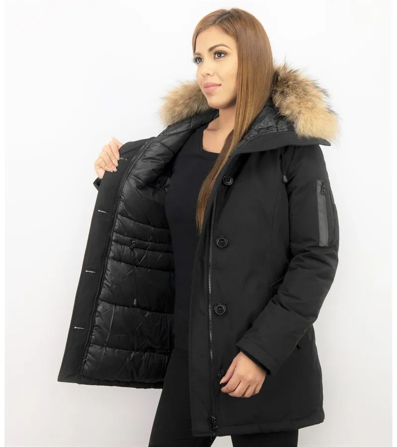 PARKAS MUJER  SEñORA ABRIGOS DE INVIERNO LARGOS  CAPUCHA PELO GRANDE  NEGRO