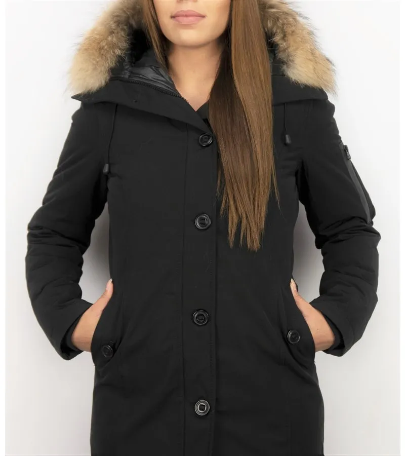 PARKAS MUJER  SEñORA ABRIGOS DE INVIERNO LARGOS  CAPUCHA PELO GRANDE  NEGRO