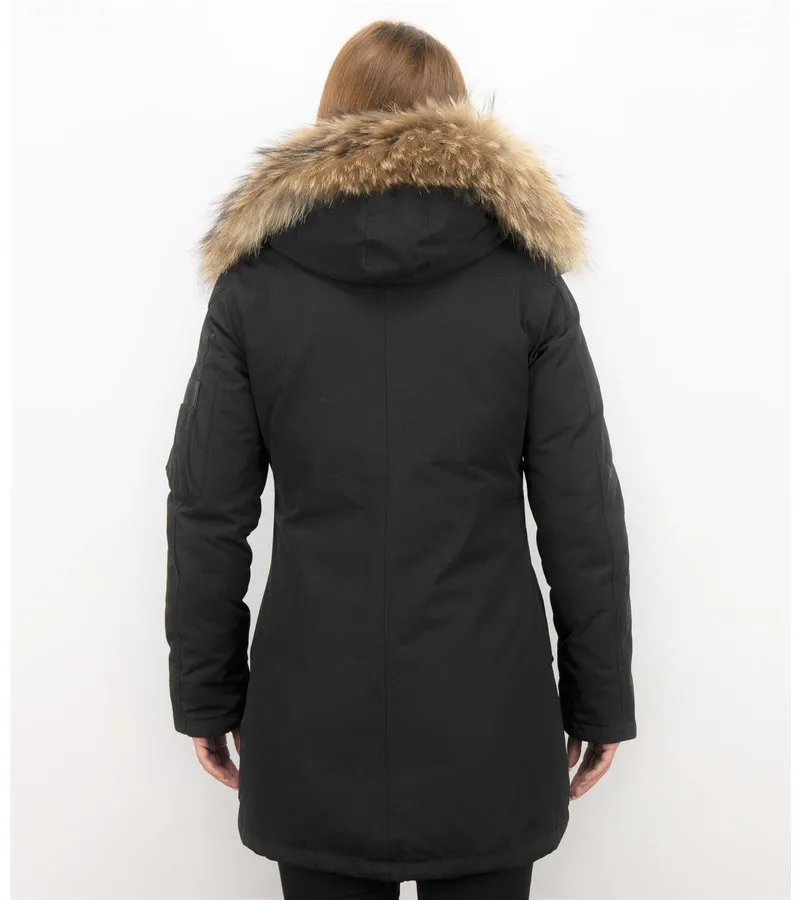 PARKAS MUJER  SEñORA ABRIGOS DE INVIERNO LARGOS  CAPUCHA PELO GRANDE  NEGRO