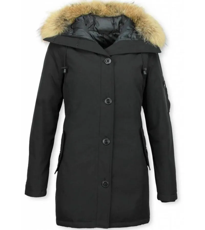 PARKAS MUJER  SEñORA ABRIGOS DE INVIERNO LARGOS  CAPUCHA PELO GRANDE  NEGRO