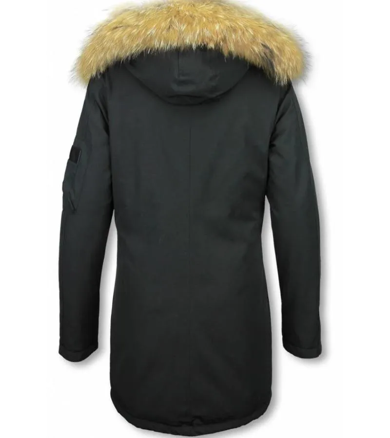 PARKAS MUJER  SEñORA ABRIGOS DE INVIERNO LARGOS  CAPUCHA PELO GRANDE  NEGRO