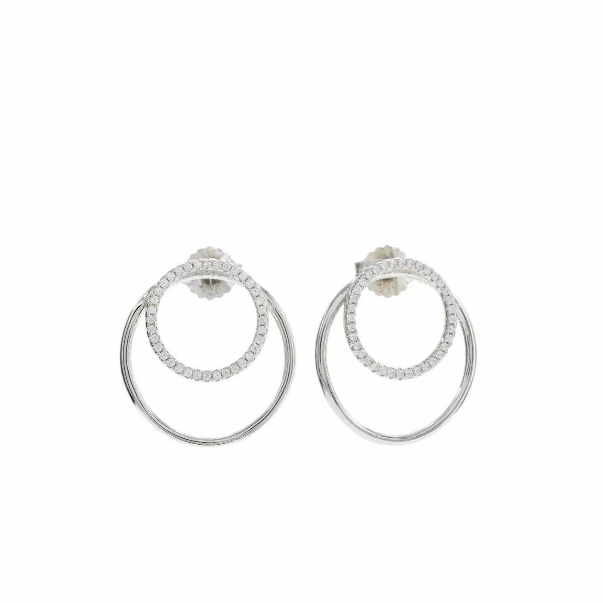 Pendientes aro con doble círculo de plata lisa y circonitas