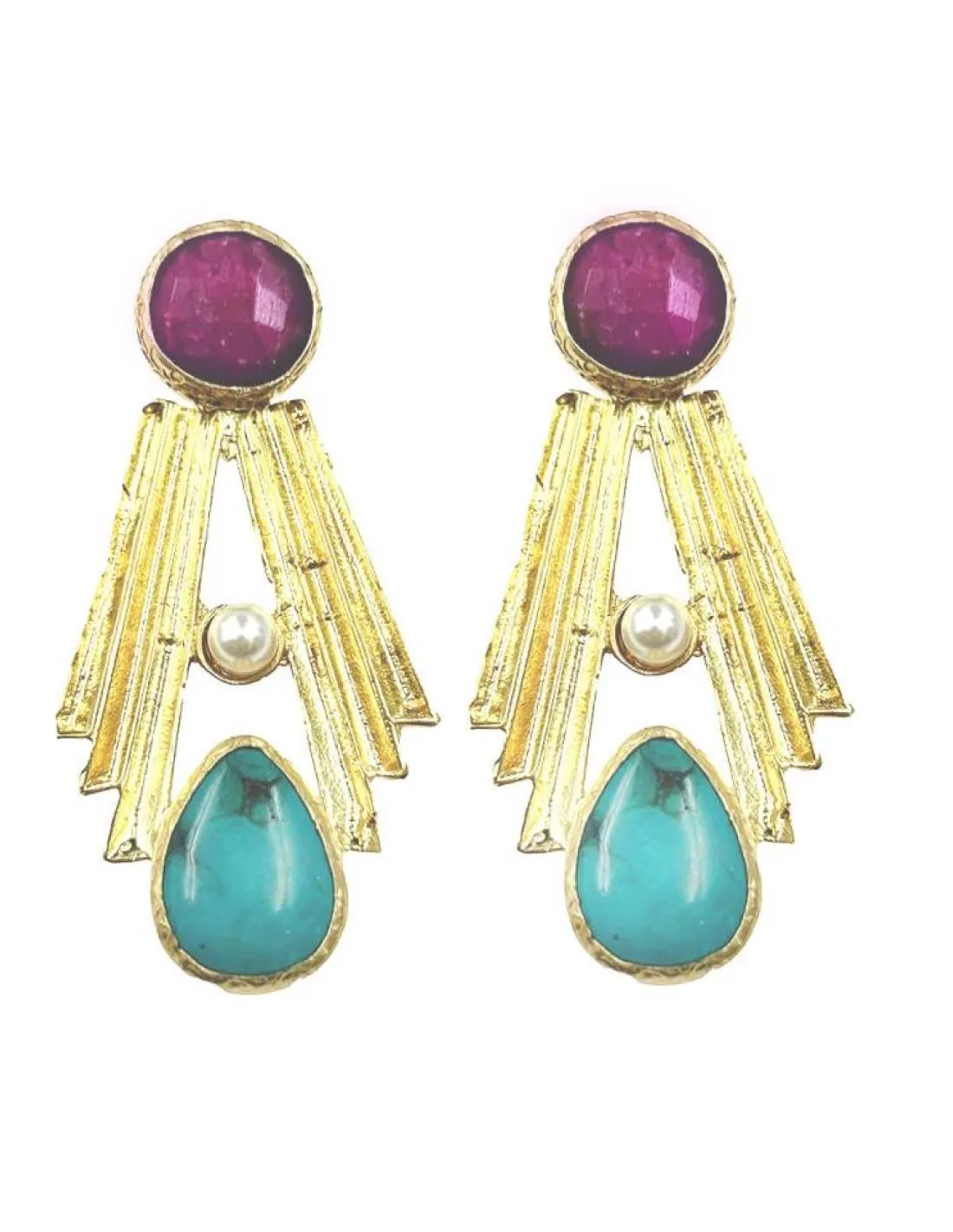 PENDIENTES DORADOS CON PIEDRAS VINO Y TURQUESAS PARA EVENTOS