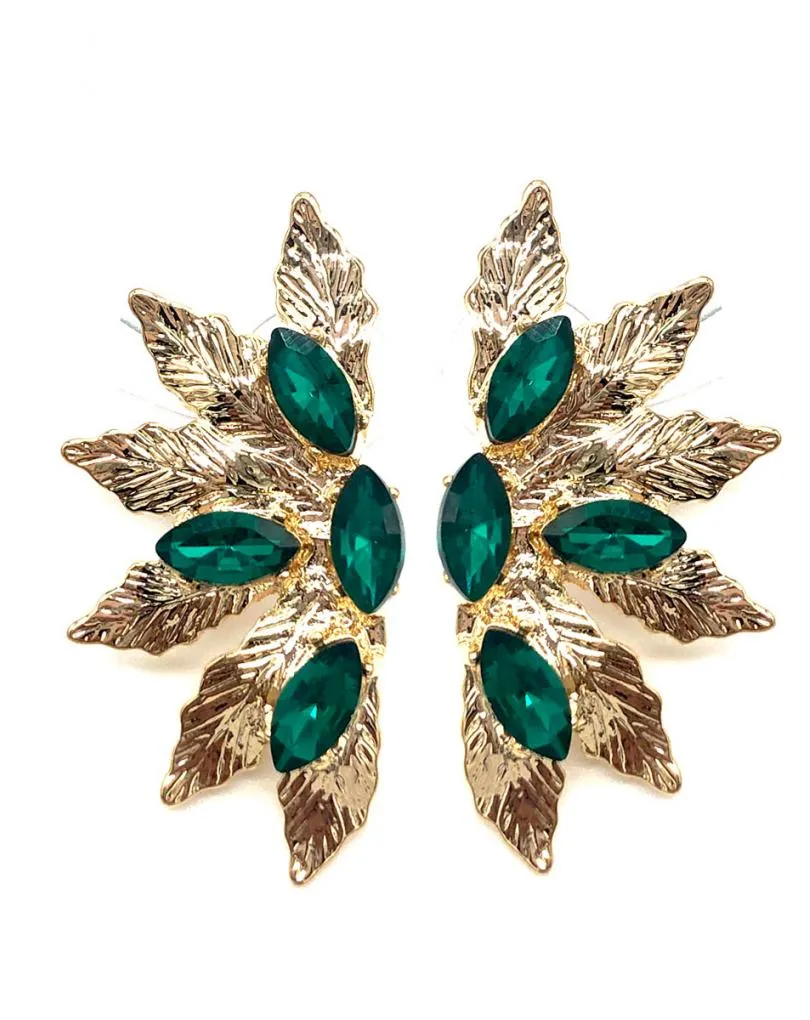 PENDIENTES DORADOS Y VERDE BOTELLA CON DISEÑO DE ABANICO