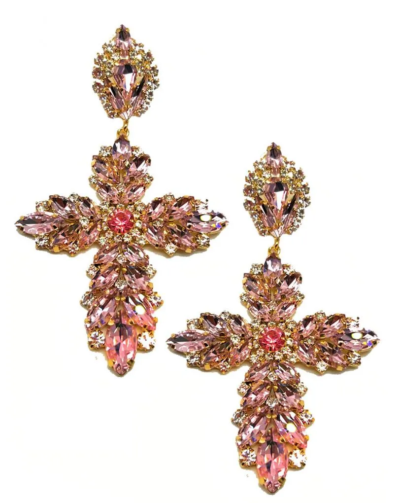 PENDIENTES LARGOS ROSAS CON PRECIOSO DISEÑO CRUZ DE CRISTAL