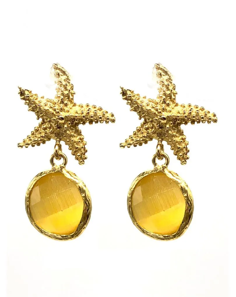 PENDIENTES MUJER AMARILLOS PARA VERANO CON ESTRELLA DE MAR BAÑADA EN ORO
