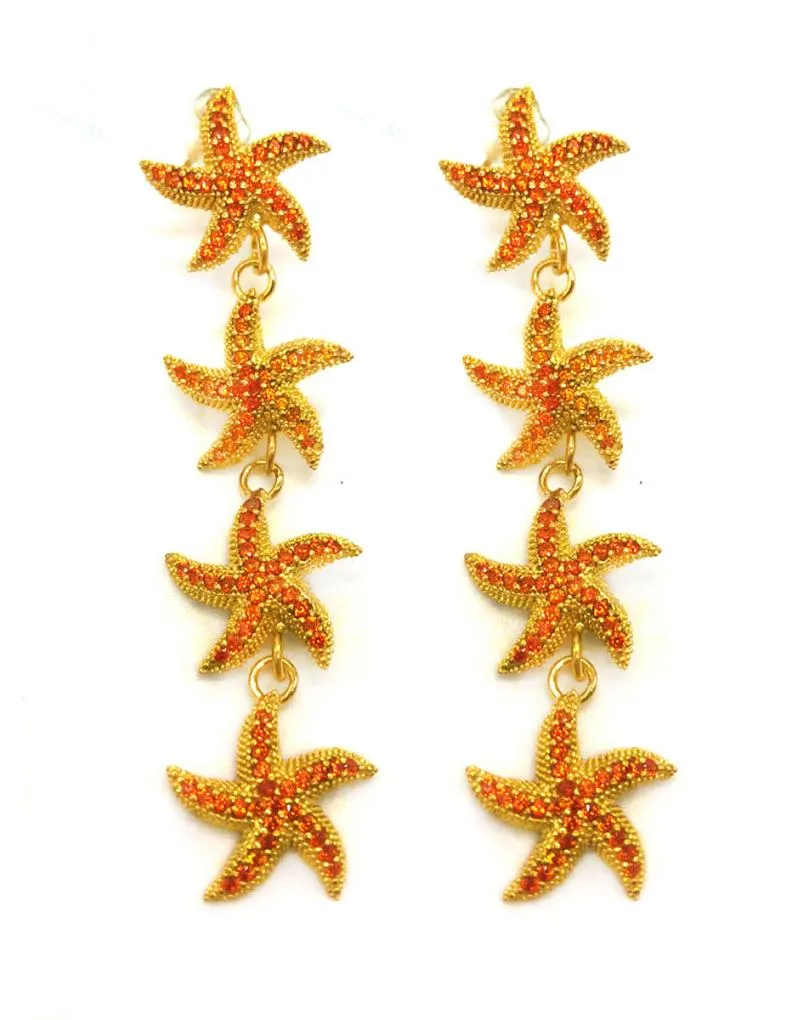 PENDIENTES MUJER LARGOS DE ESTRELLAS DE MAR NARANJAS BAÑADOS EN ORO PARA DÍAS DE VERANO