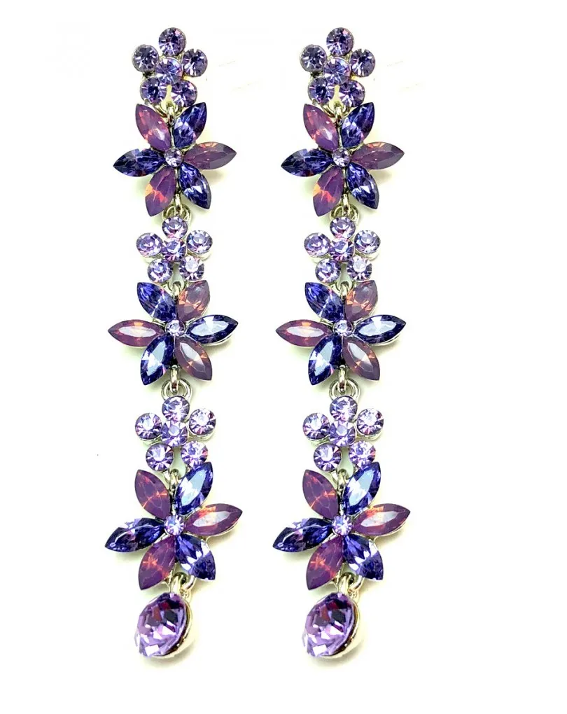 PENDIENTES MUJER  LARGOS DE FIESTA LILAS, ELEGANTE DISEÑO DE FLORES, IDEAL PARA RECOGIDOS