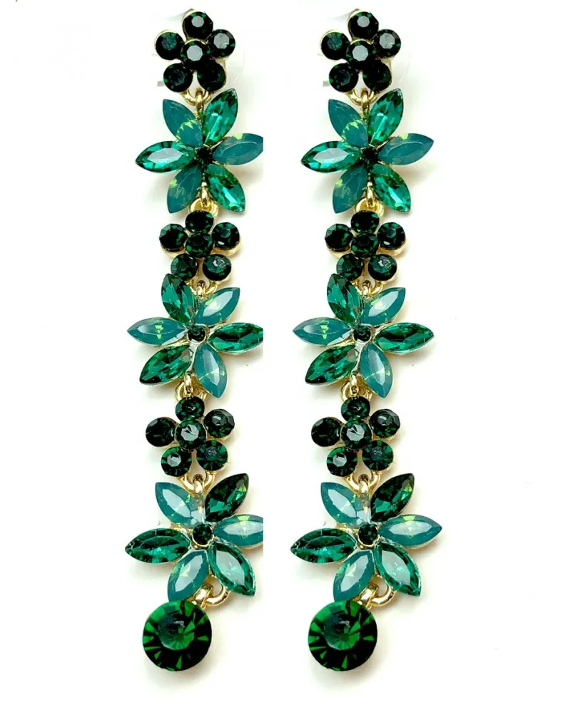 PENDIENTES MUJER LARGOS DE FIESTA VERDES, ELEGANTE DISEÑO DE FLORES, IDEAL PARA RECOGIDOS