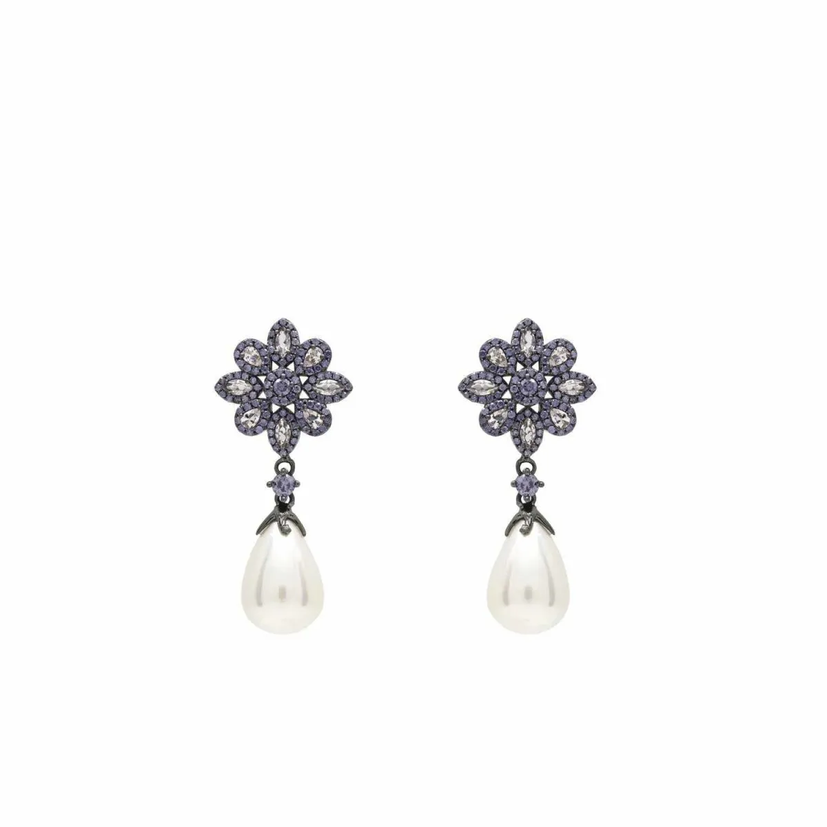 Pendientes perla colgante bao rutenio con motivo floral