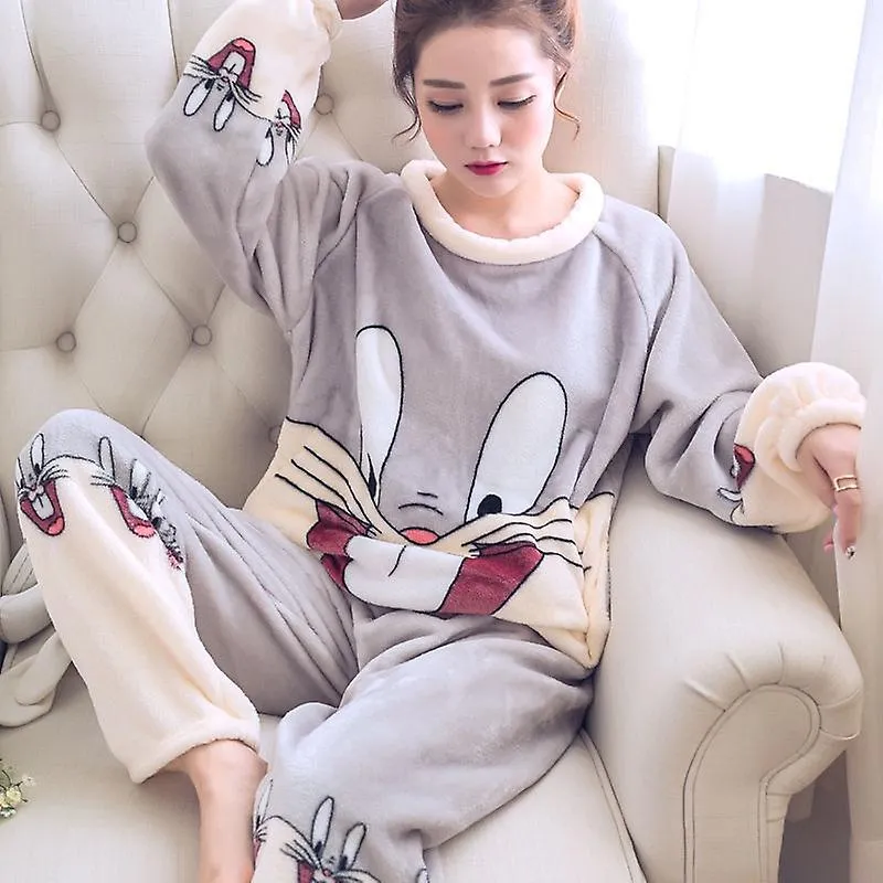 Pijama de lana de coral Mujeres Invierno Engrosamiento cálido Más terciopelo Linda franela Otoño e Invierno