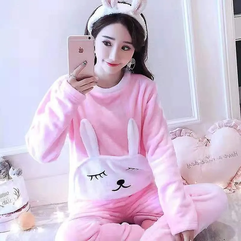 Pijama de lana de coral Mujeres Invierno Engrosamiento cálido Más terciopelo Linda franela Otoño e Invierno