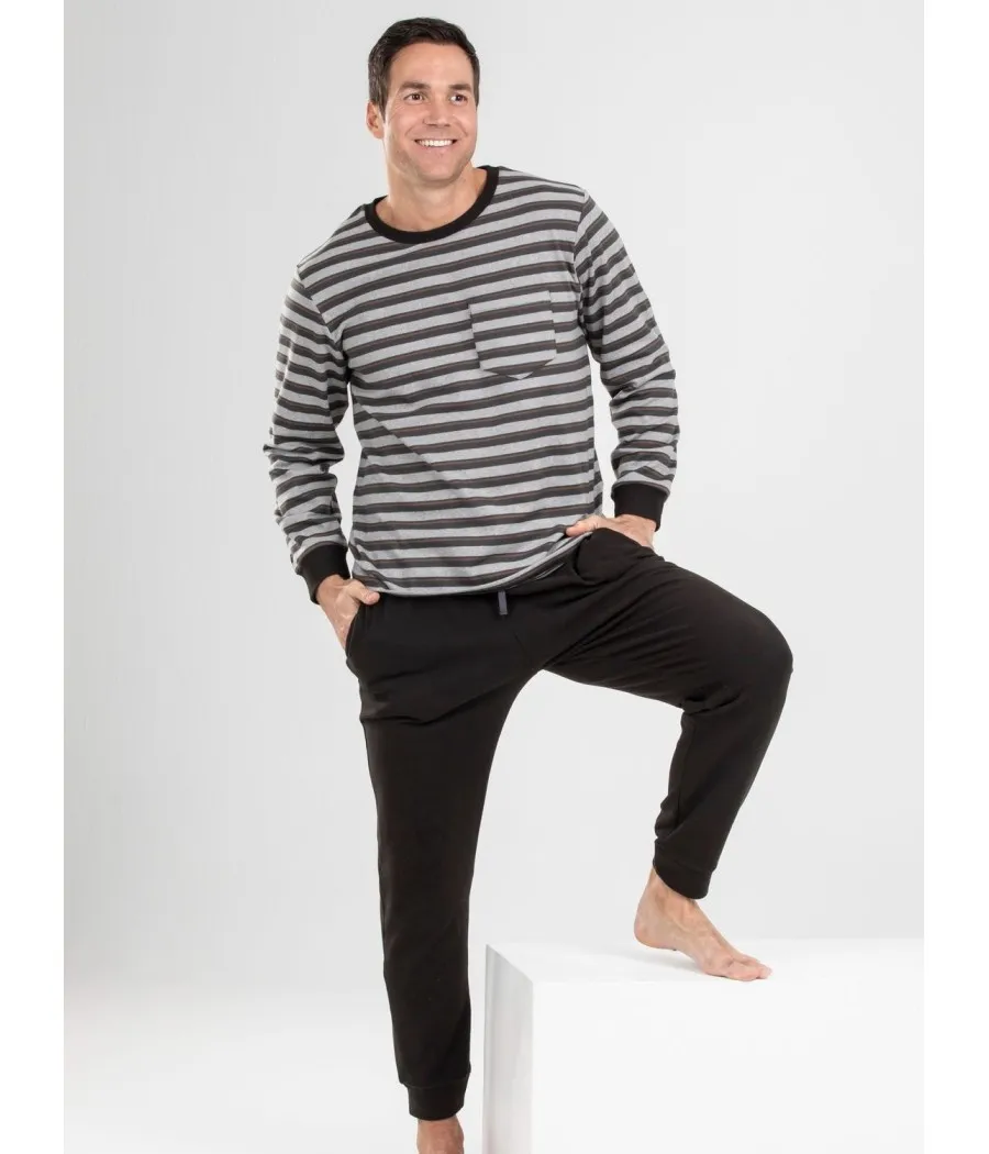 Pijama invierno hombre Pettrus punto técnico gris rayas bolsillos