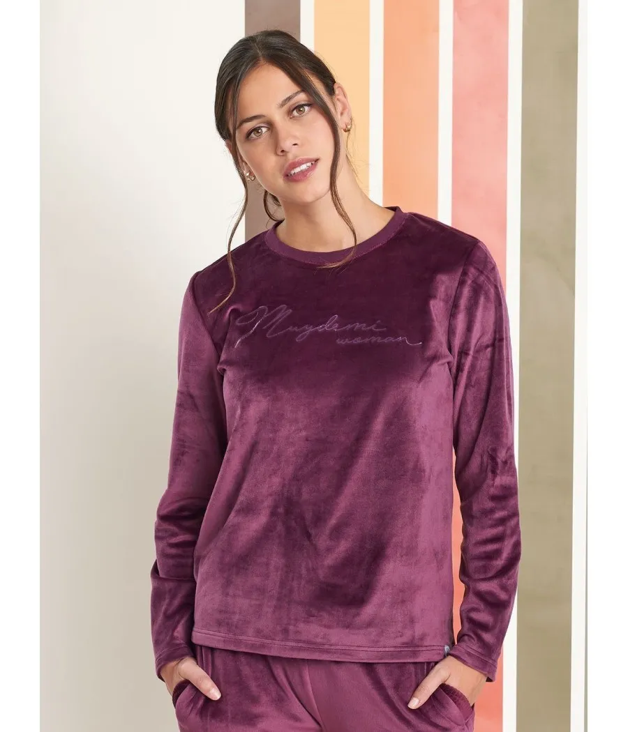 Pijama invierno mujer Muidemi burdeos microcoralina bolsillos