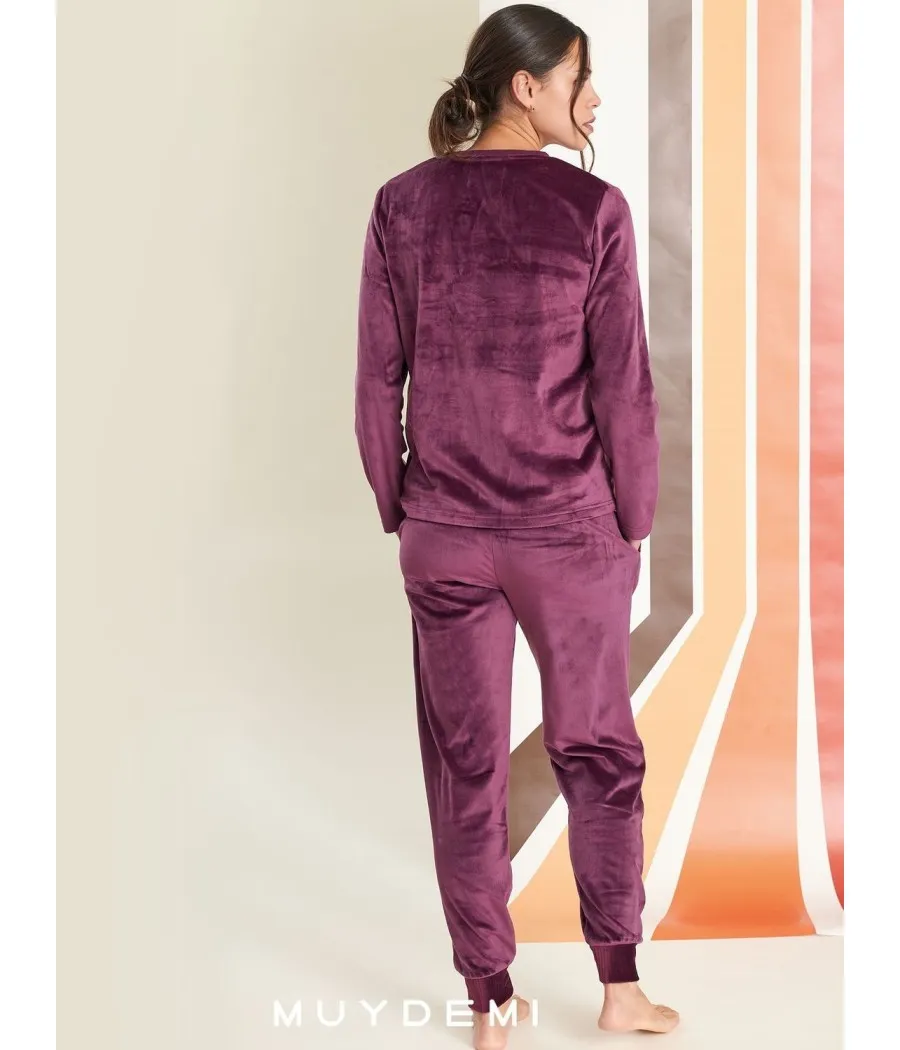 Pijama invierno mujer Muidemi burdeos microcoralina bolsillos