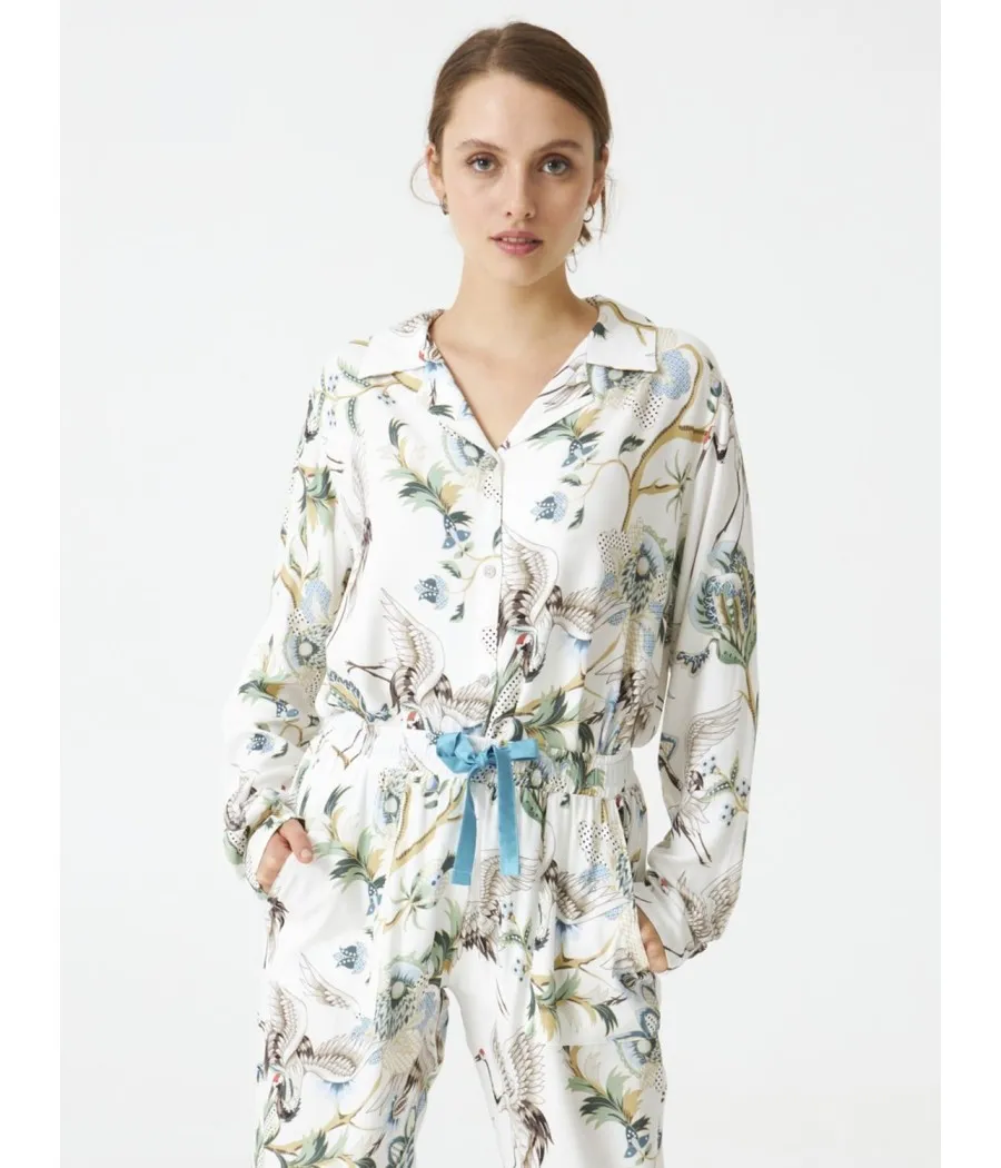 Pijama largo abierto mujer invierno J&J Brothers Pájaros viscosa bolsillos