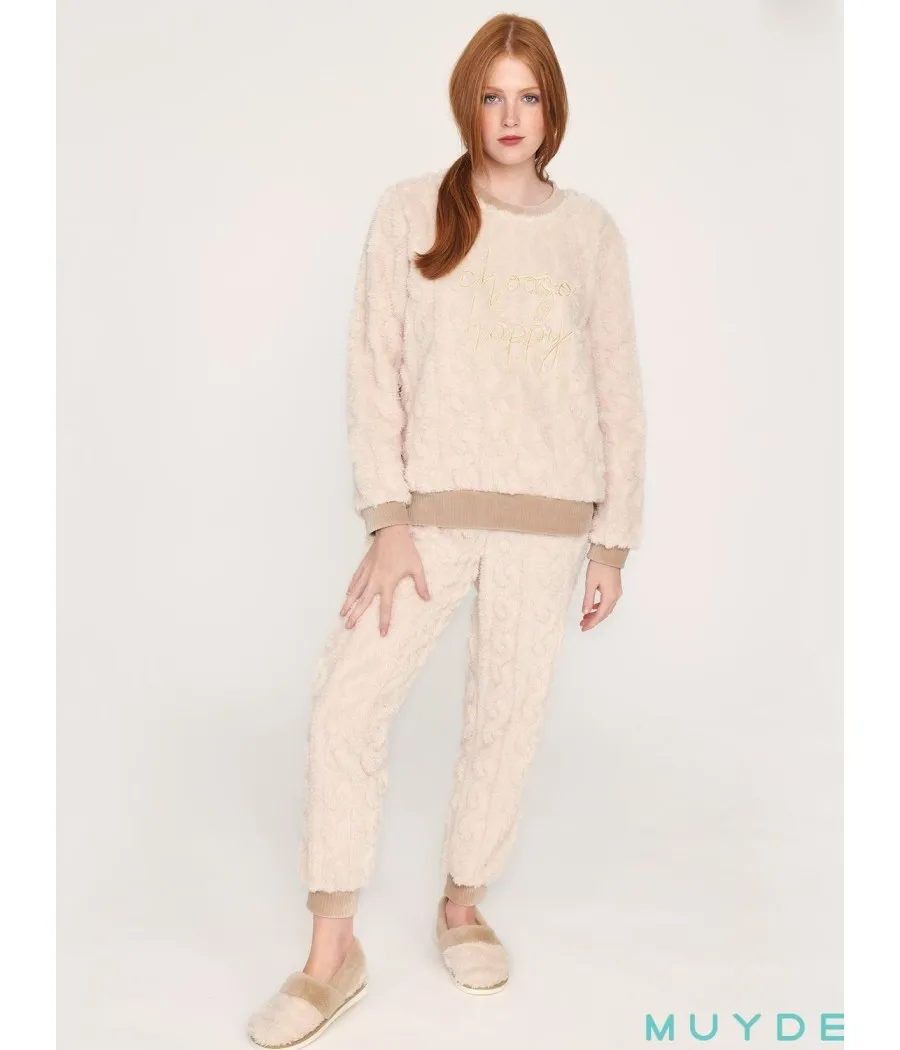 Pijama mujer invierno Muidemi beige borreguillo puños