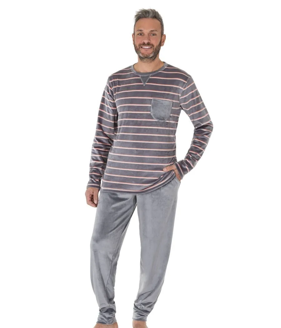 Pijama térmico hombre invierno Javier Golmar microcoralina gris rayas bolsillos