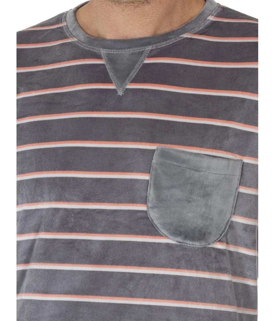 Pijama térmico hombre invierno Javier Golmar microcoralina gris rayas bolsillos