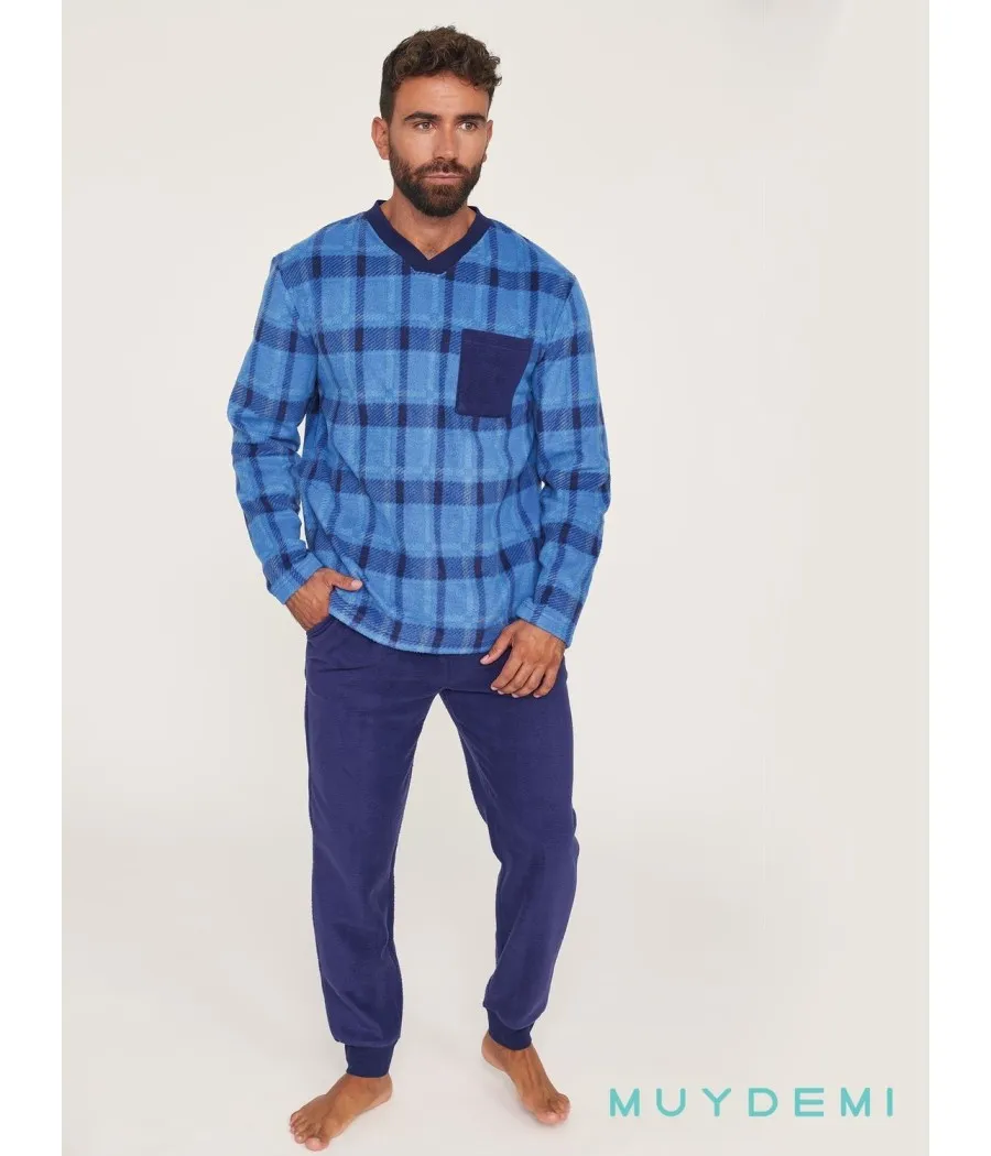 Pijama térmico hombre invierno Muidemi Micro Polar cuadros puños bolsillos