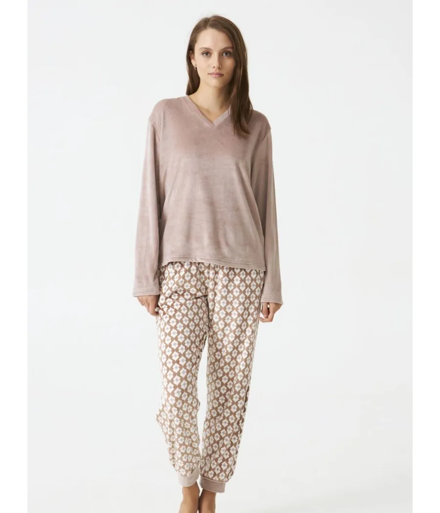 Pijama térmico mujer invierno J&J Brothers Micro coralina beige bolsillos