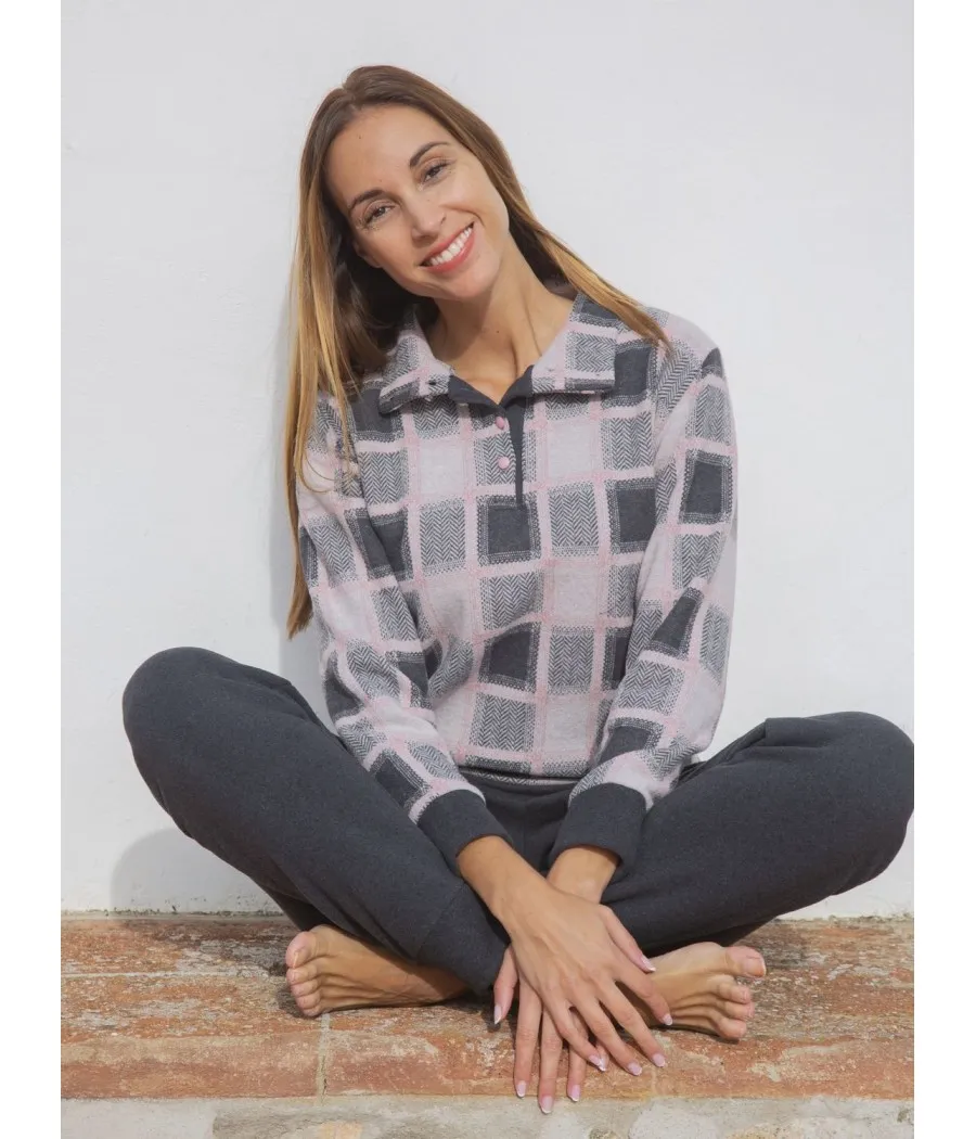 Pijama térmico mujer Muslher cuadros cuello abierto tapeta punto Milano