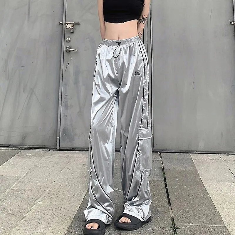Plata brillante brotando tiras recto con cordón con bolsillo pantalones de trabajo para mujer